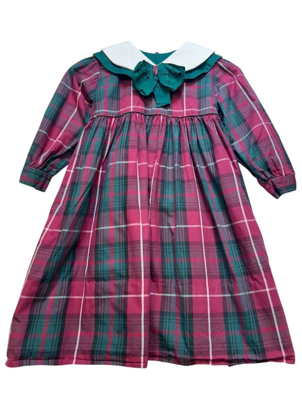 Mondays Child Girls Bow Collar Dress Long Sleeve Red Green Plaid Back Button Tie